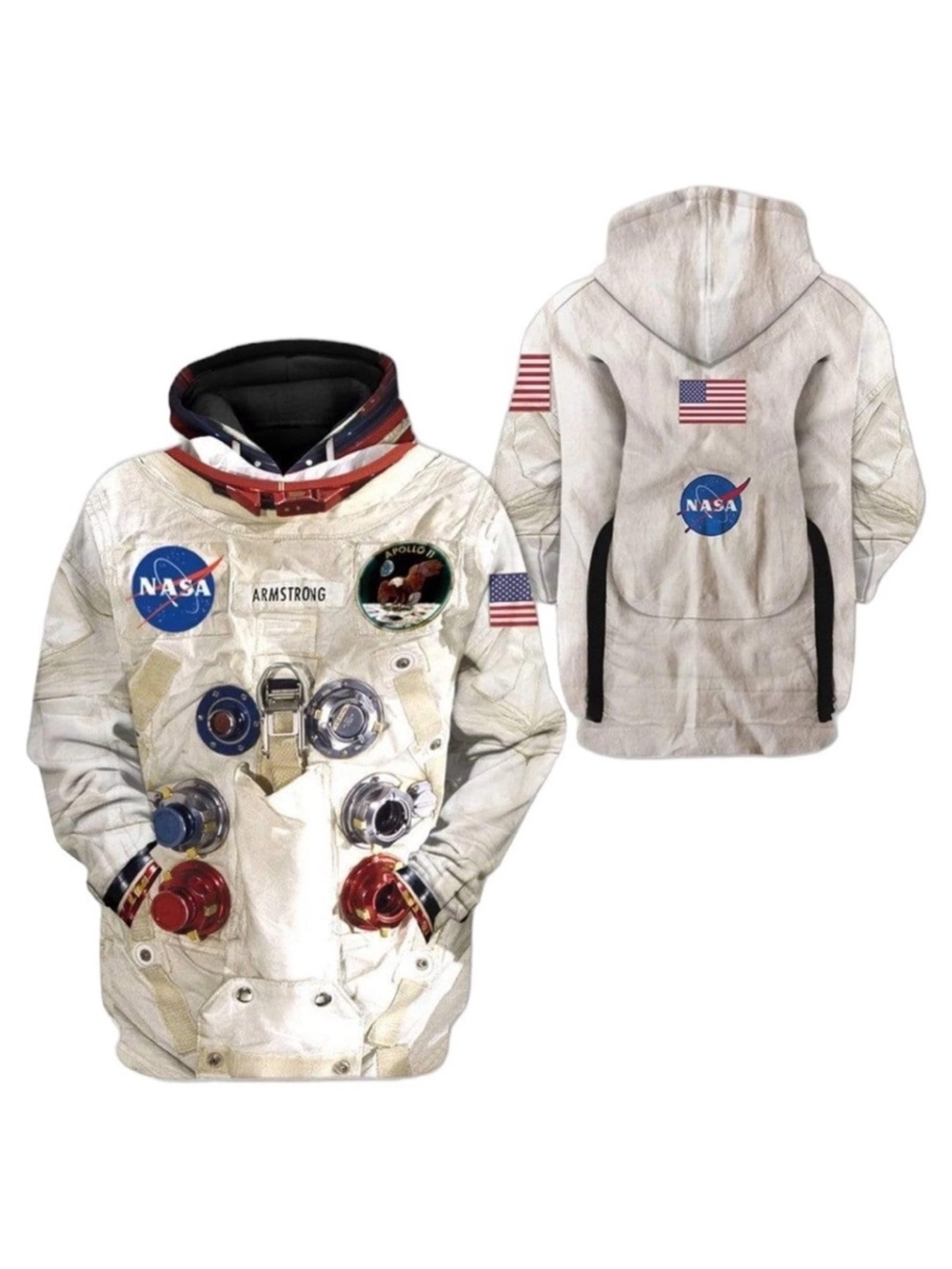 White Astronaut Graphic Hoodie with NASA Patch Armstrong Apparel Gear H umans